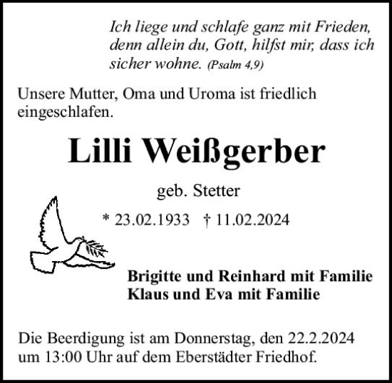 Traueranzeige von Lilli Weißgerber von Darmstädter Echo