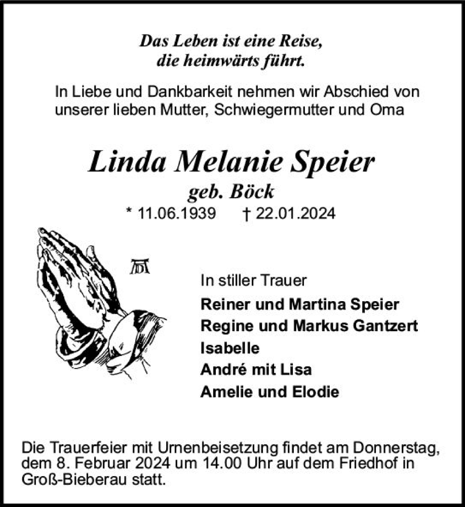  Traueranzeige für Linda Melanie Speier vom 03.02.2024 aus Darmstädter Echo