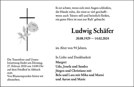 Traueranzeige von Ludwig Schäfer von Darmstädter Echo