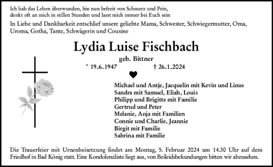 Traueranzeige von Lydia Luise Fischbach von Odenwälder Echo