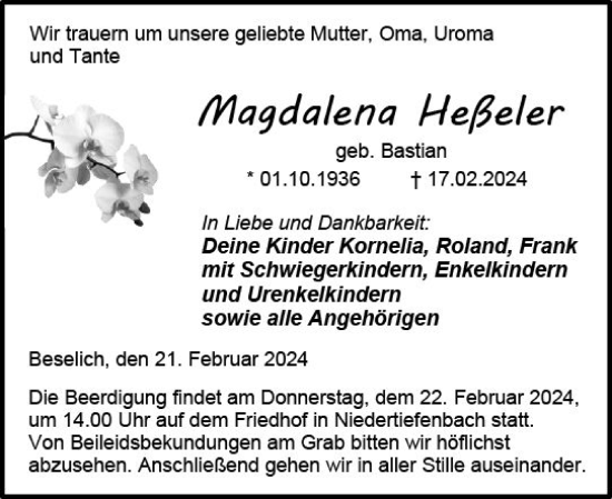 Traueranzeige von Magdalena Heßeler von Nassauische Neue Presse