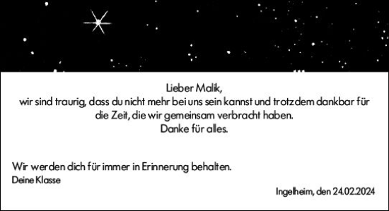 Traueranzeige von Malik Wunderlich von Allgemeine Zeitung Bingen/Ingelheim