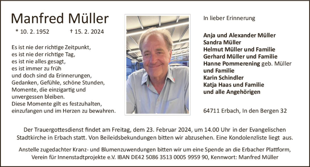  Traueranzeige für Manfred Müller vom 21.02.2024 aus Odenwälder Echo