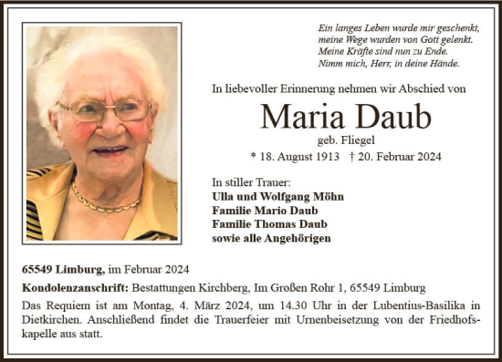 Traueranzeige von Maria Daub von Nassauische Neue Presse
