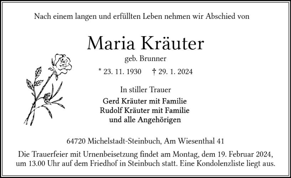  Traueranzeige für Maria Kräuter vom 10.02.2024 aus Odenwälder Echo