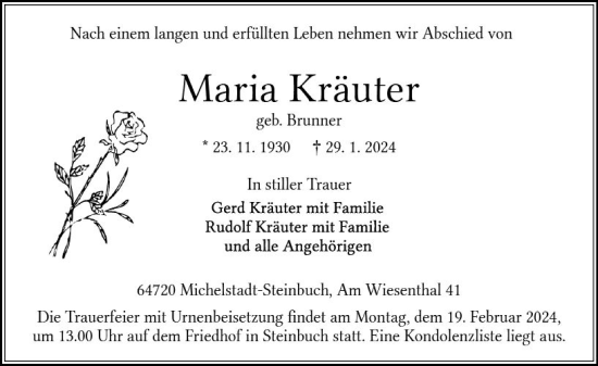 Traueranzeige von Maria Kräuter von Odenwälder Echo