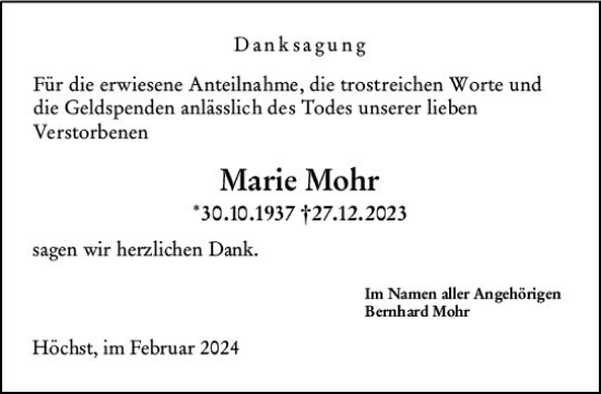 Traueranzeige von Marie Mohr von Odenwälder Echo