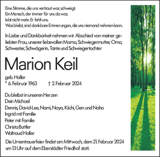 Traueranzeige von Marion Keil von Darmstädter Echo