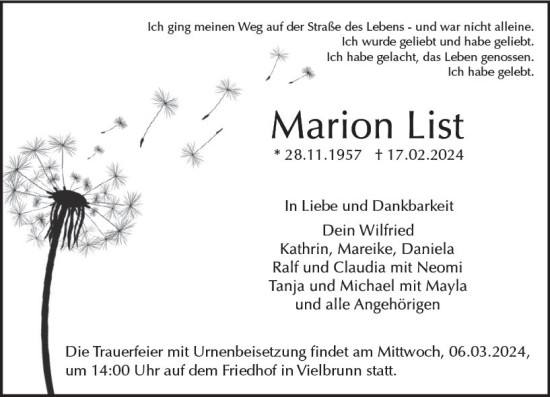 Traueranzeige von Marion List von Odenwälder Echo