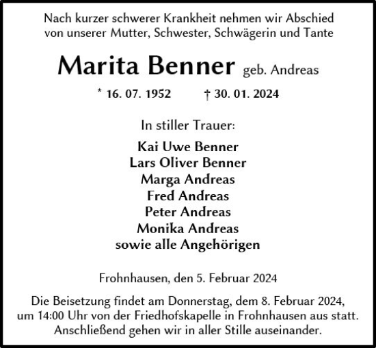 Traueranzeige von Marita Benner von Dill Block