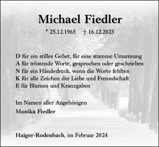 Traueranzeige von Michael Fiedler von Dill Block