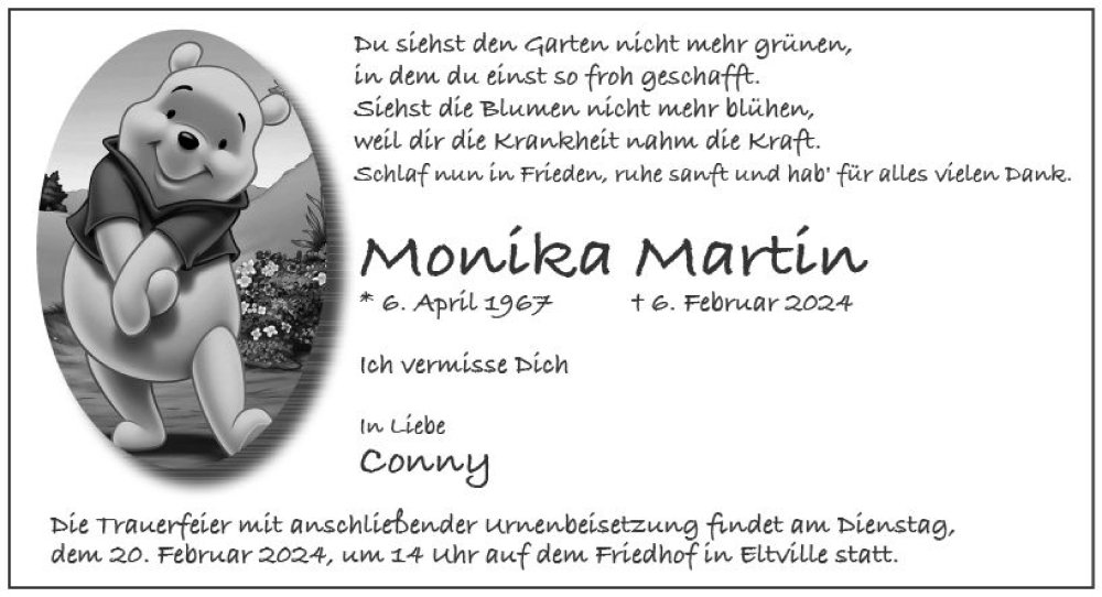  Traueranzeige für Monika Martin vom 17.02.2024 aus Wiesbadener Kurier
