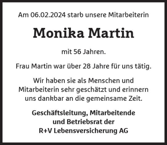 Traueranzeige von Monika Martin von Wiesbadener Kurier