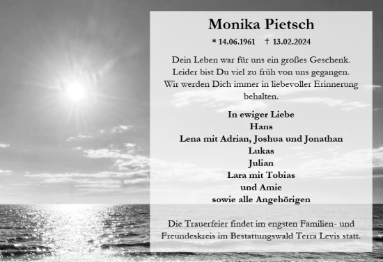 Traueranzeige von Monika Pietsch von Wiesbadener Kurier