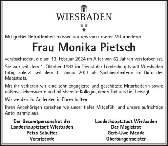 Traueranzeige von Monika Pietsch von Wiesbadener Kurier