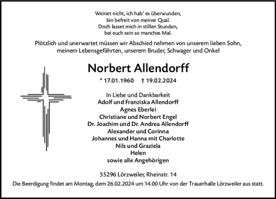 Traueranzeige von Norbert Allendorff von Allgemeine Zeitung Mainz