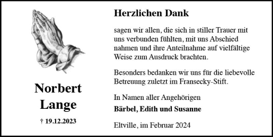 Traueranzeige von Norbert Lange von Rheingau Kurier