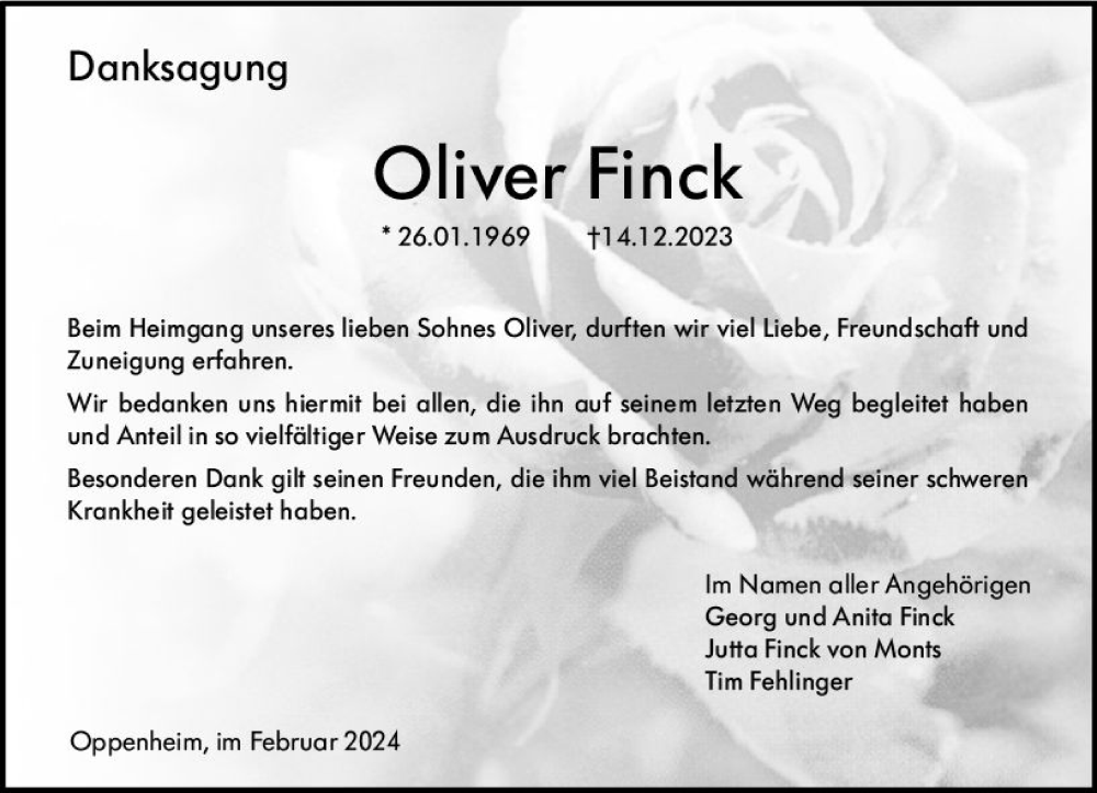  Traueranzeige für Oliver Finck vom 17.02.2024 aus Allgemeine Zeitung Mainz