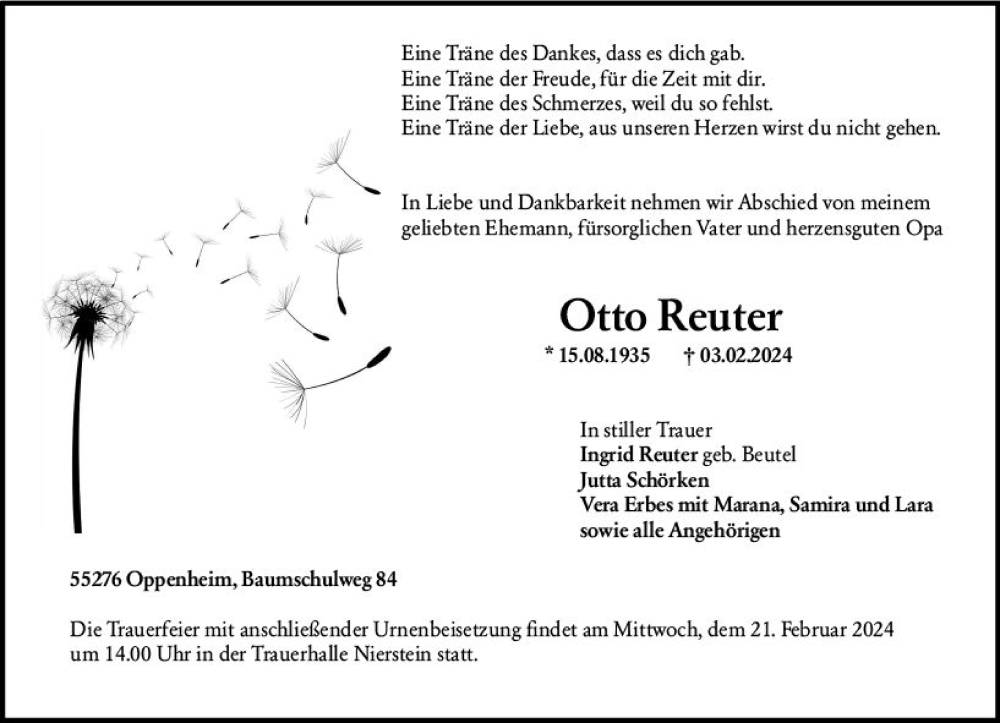  Traueranzeige für Otto Reuter vom 17.02.2024 aus Allgemeine Zeitung Mainz