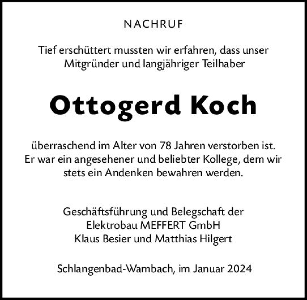  Traueranzeige für Ottogerd Koch vom 07.02.2024 aus Wiesbadener Kurier