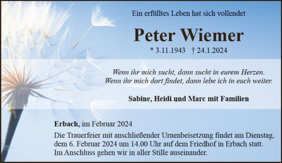 Traueranzeige von Peter Wiemer von Camberger Anzeiger