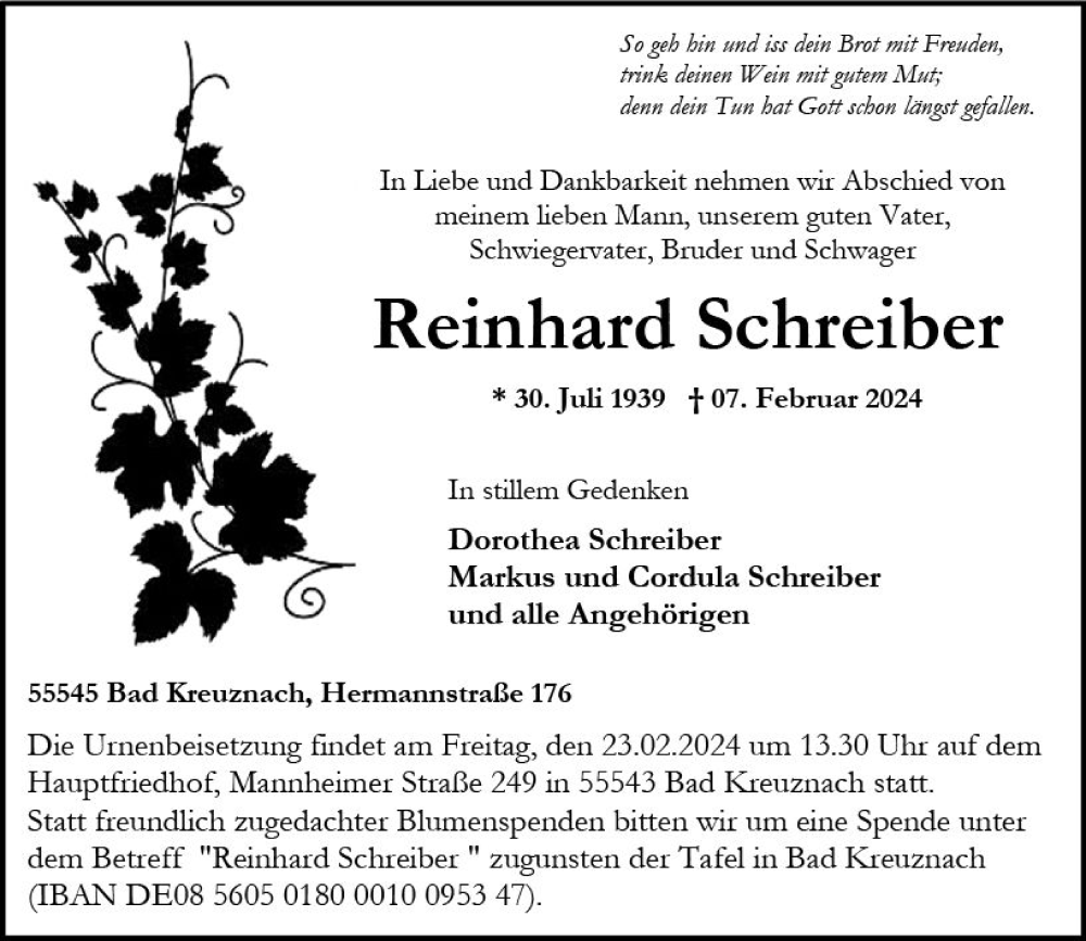  Traueranzeige für Reinhard Schreiber vom 17.02.2024 aus Allgemeine Zeitung Bad Kreuznach