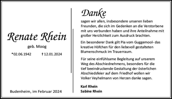 Traueranzeige von Renate Rhein von Allgemeine Zeitung Mainz