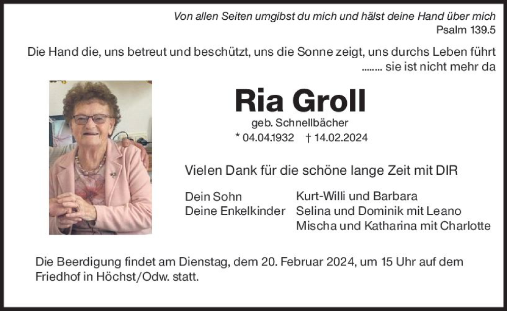  Traueranzeige für Ria Groll vom 17.02.2024 aus Odenwälder Echo
