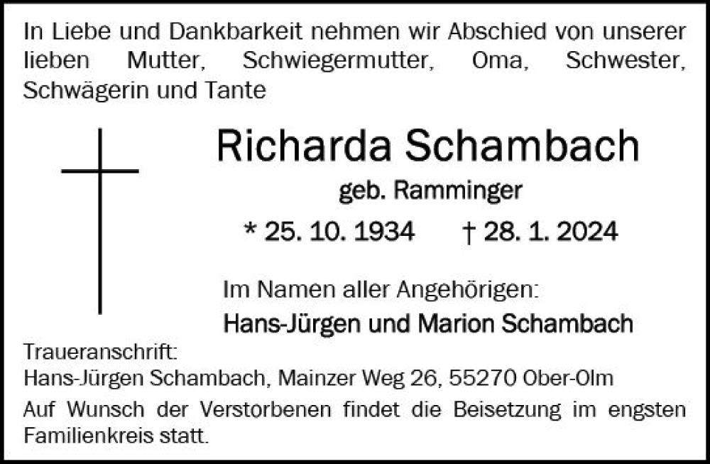  Traueranzeige für Richarda Schambach vom 10.02.2024 aus Allgemeine Zeitung Mainz