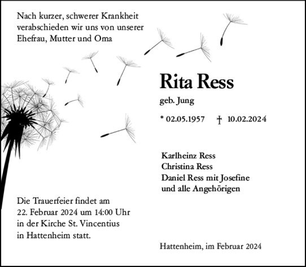  Traueranzeige für Rita Ress vom 17.02.2024 aus Rheingau Kurier