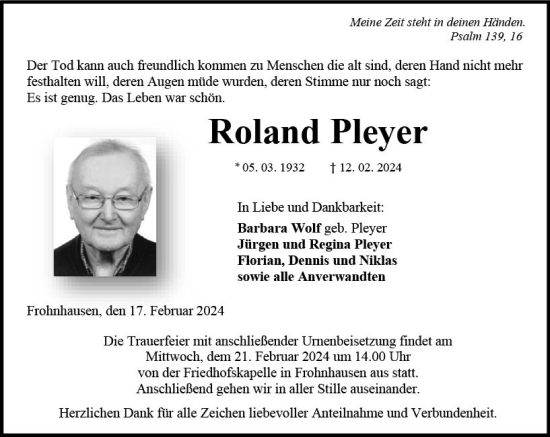 Traueranzeige von Roland Pleyer von Dill Block