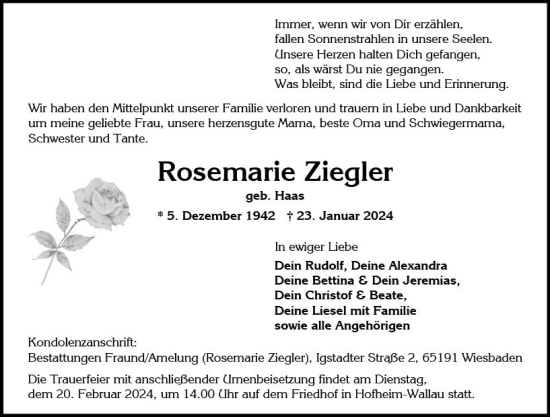 Traueranzeige von Rosemarie Ziegler von Wiesbadener Kurier