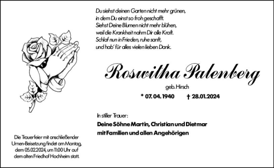 Traueranzeige von Roswitha Palenberg von Hochheimer Zeitung