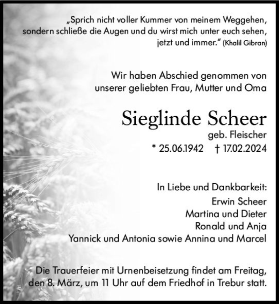 Traueranzeige von Sieglinde Scheer von Rüsselsheimer Echo