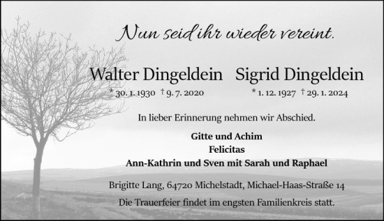 Traueranzeige von Sigrid Dingeldein von Odenwälder Echo