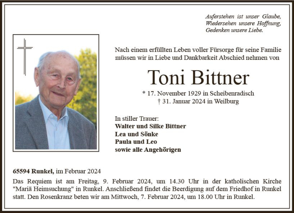 Traueranzeige für Toni Bittner vom 03.02.2024 aus Weilburger Tageblatt