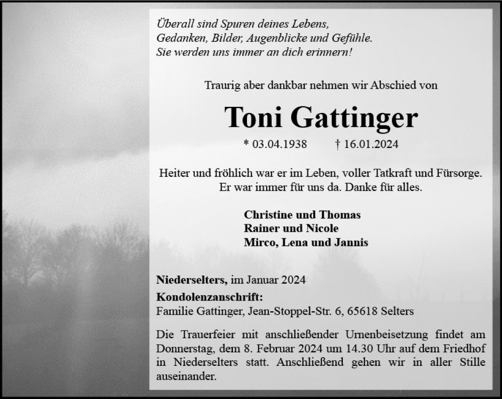  Traueranzeige für Toni Gattinger vom 01.02.2024 aus Camberger Anzeiger