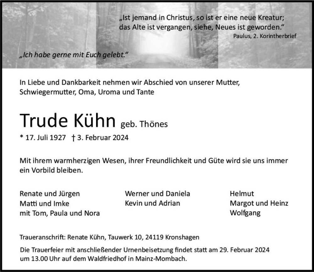  Traueranzeige für Trude Kühn vom 10.02.2024 aus Wiesbadener Kurier