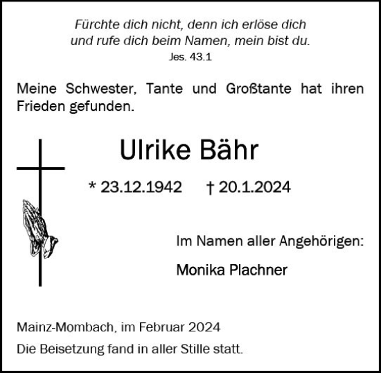 Traueranzeige von Ulrike Bähr von Allgemeine Zeitung Mainz