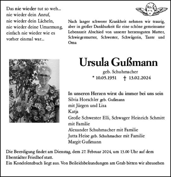 Traueranzeige von Ursula Gußmann von Groß-Gerauer Echo