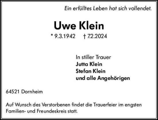 Traueranzeige von Uwe Klein von Groß-Gerauer Echo
