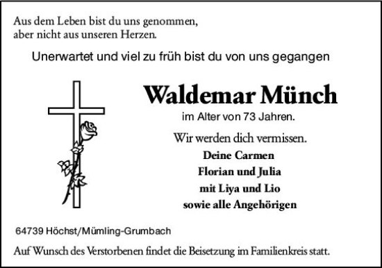 Traueranzeige von Waldemar Münch von Odenwälder Echo