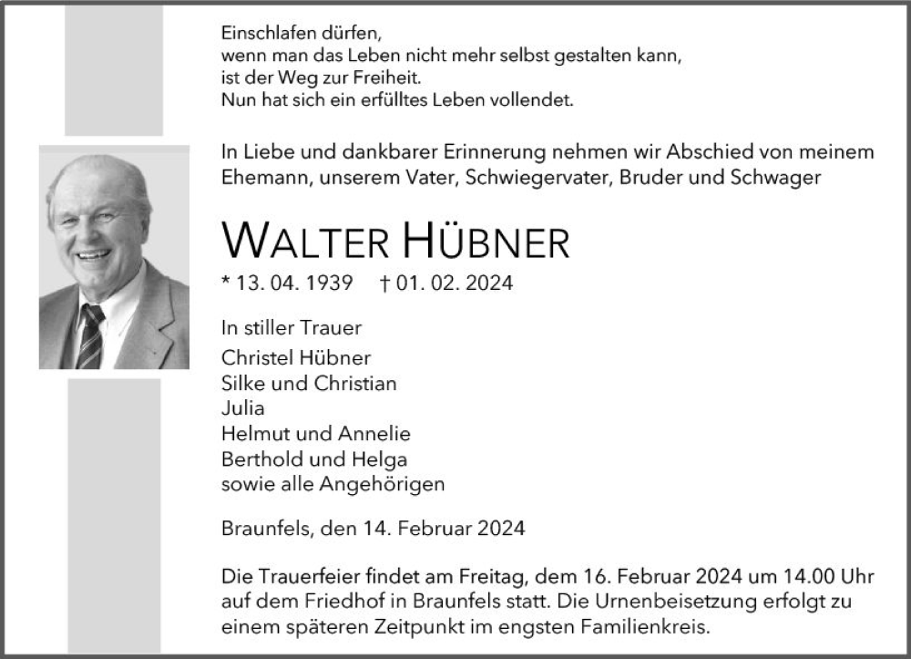 Traueranzeige für Walter Hübner vom 14.02.2024 aus Wetzlarer Neue Zeitung