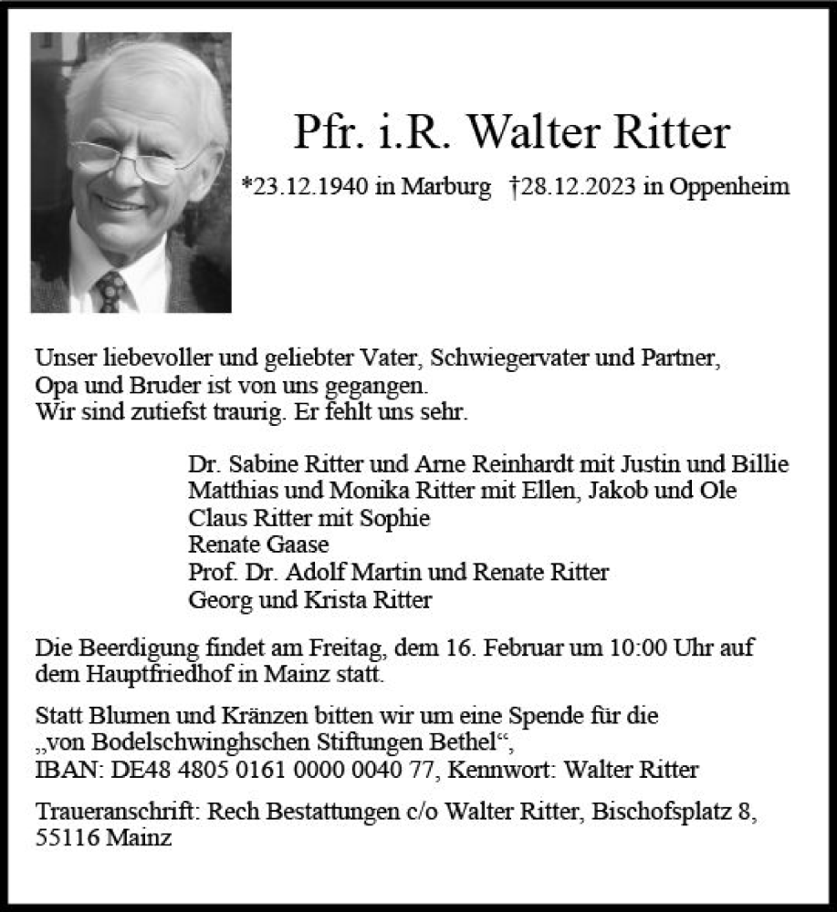  Traueranzeige für Walter Ritter vom 10.02.2024 aus Allgemeine Zeitung Bingen/Ingelheim