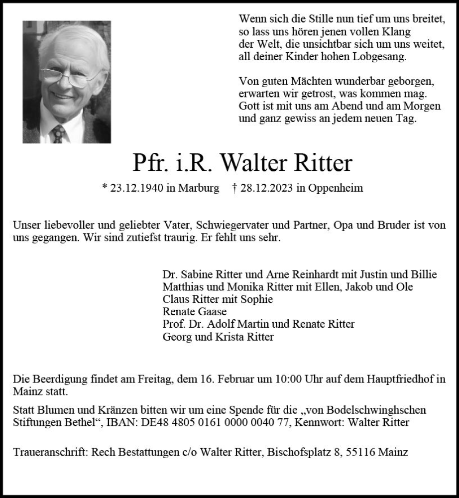  Traueranzeige für Walter Ritter vom 10.02.2024 aus Allgemeine Zeitung Mainz