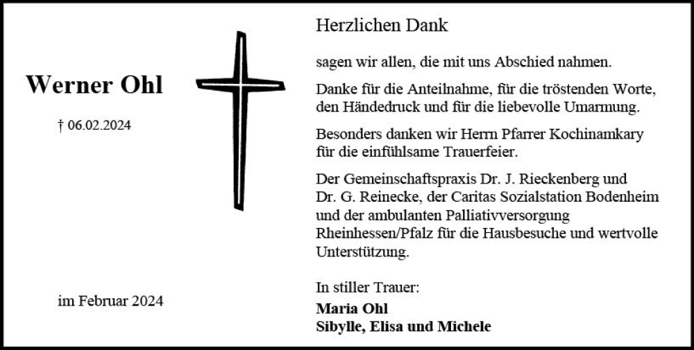  Traueranzeige für Werner Ohl vom 24.02.2024 aus Allgemeine Zeitung Mainz
