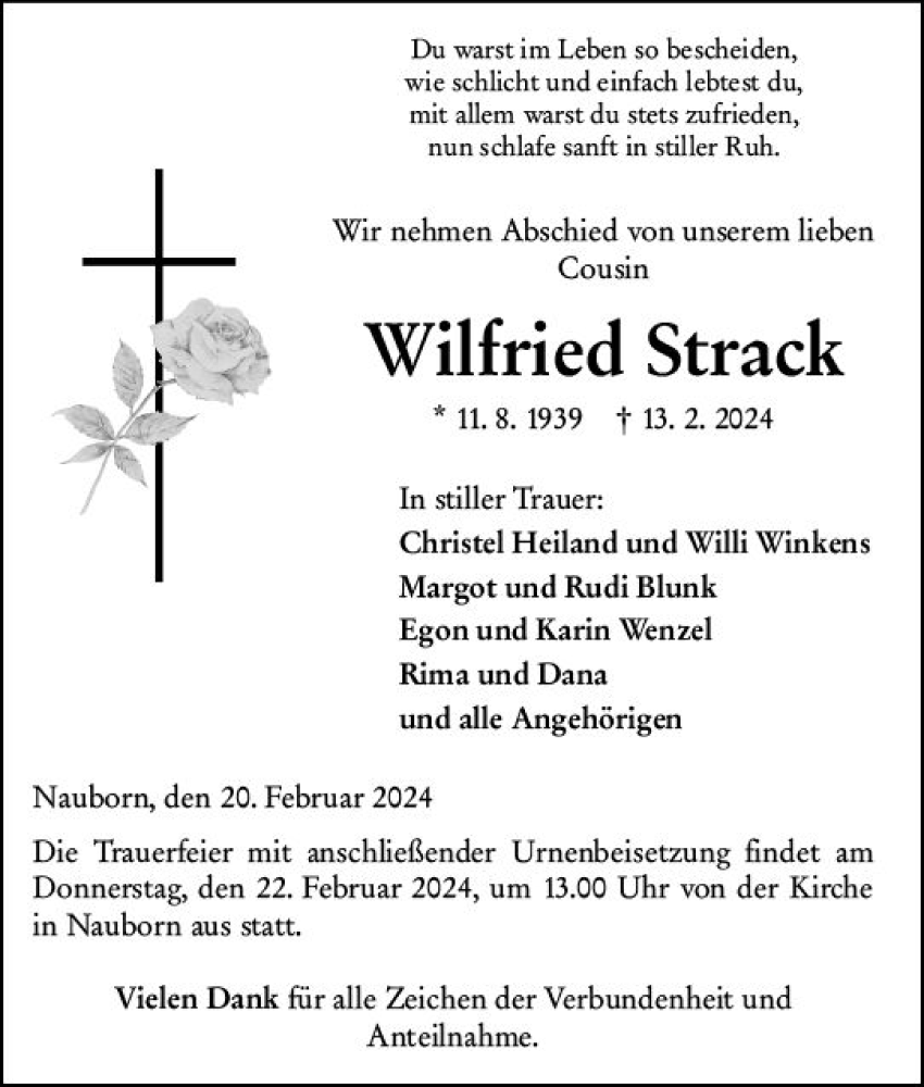  Traueranzeige für Wilfried Strack vom 20.02.2024 aus Wetzlarer Neue Zeitung