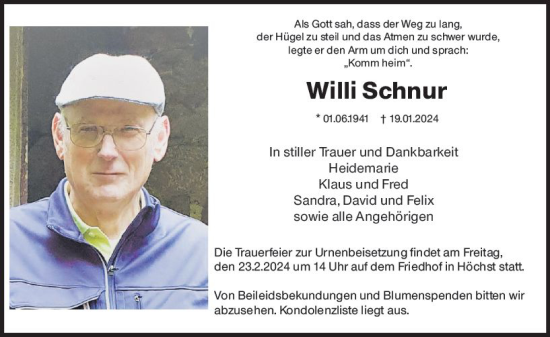 Traueranzeige von Willi Schnur von Odenwälder Echo