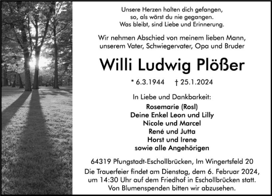 Traueranzeige von Willi Ludwig Plößer von Darmstädter Echo