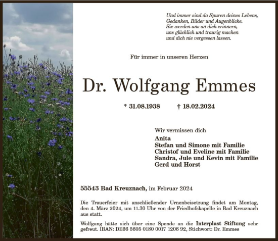 Traueranzeige von Wolfgang Emmes von Allgemeine Zeitung Bad Kreuznach